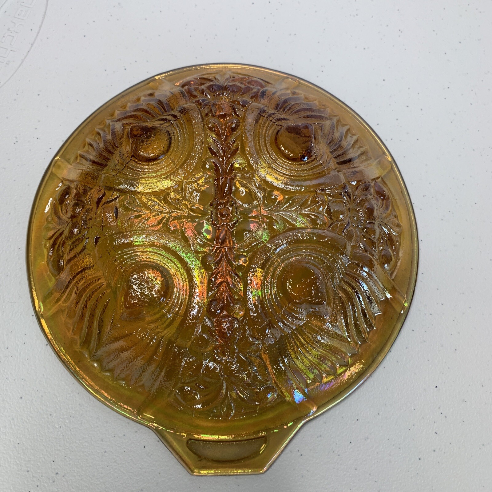 Vintage Indiana Carnival Glass Candy Dish 7.5″ Amber Iridescent Divided