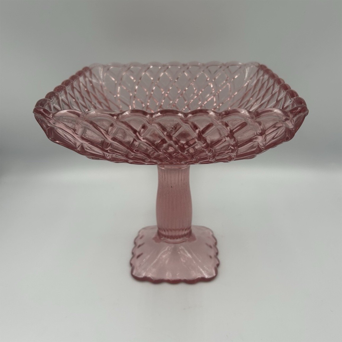 Pink Glass Square Pedestal Compote Dish, Diamond Pattern, 8 in x 8 in
