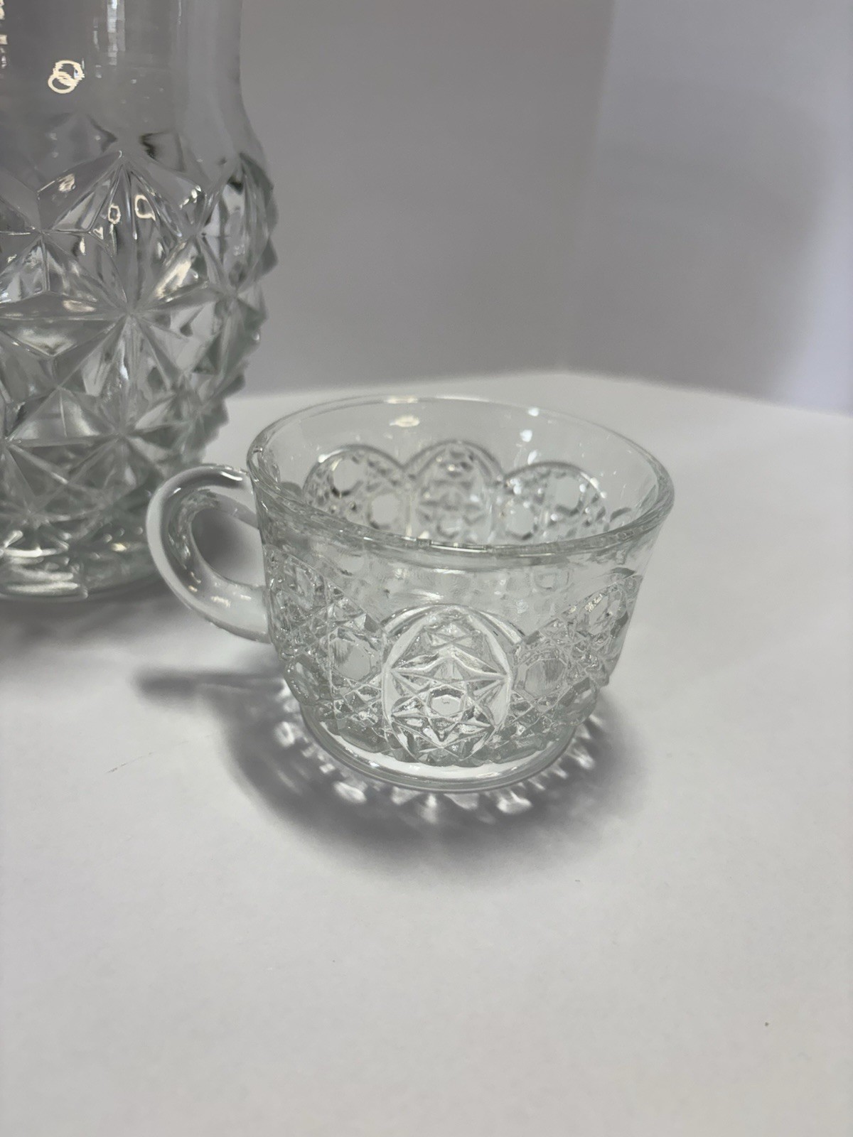 Vintage Clear Pressed Glass Pitcher & 2 Cups Cut Glass Style Starburst Pattern
