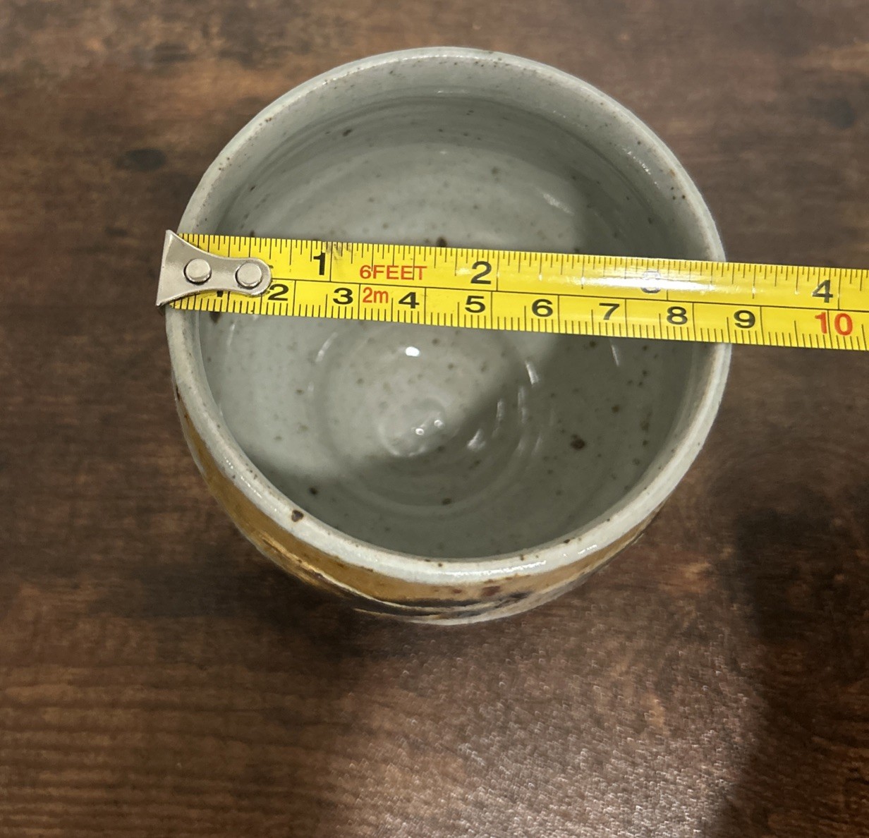 Pottery Tea Tea Bowl/Cup Signed Etched Abstract Blue, Gray, Brown, Tan