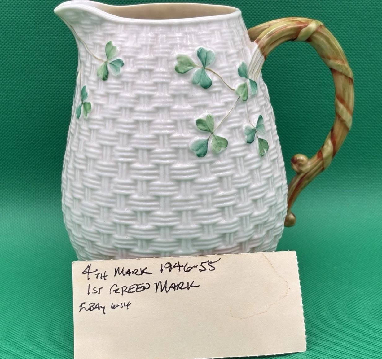 Vintage Belleek Ireland Shamrock Pitcher – 4th Mark (1st Green) 1946-1955 – 6”