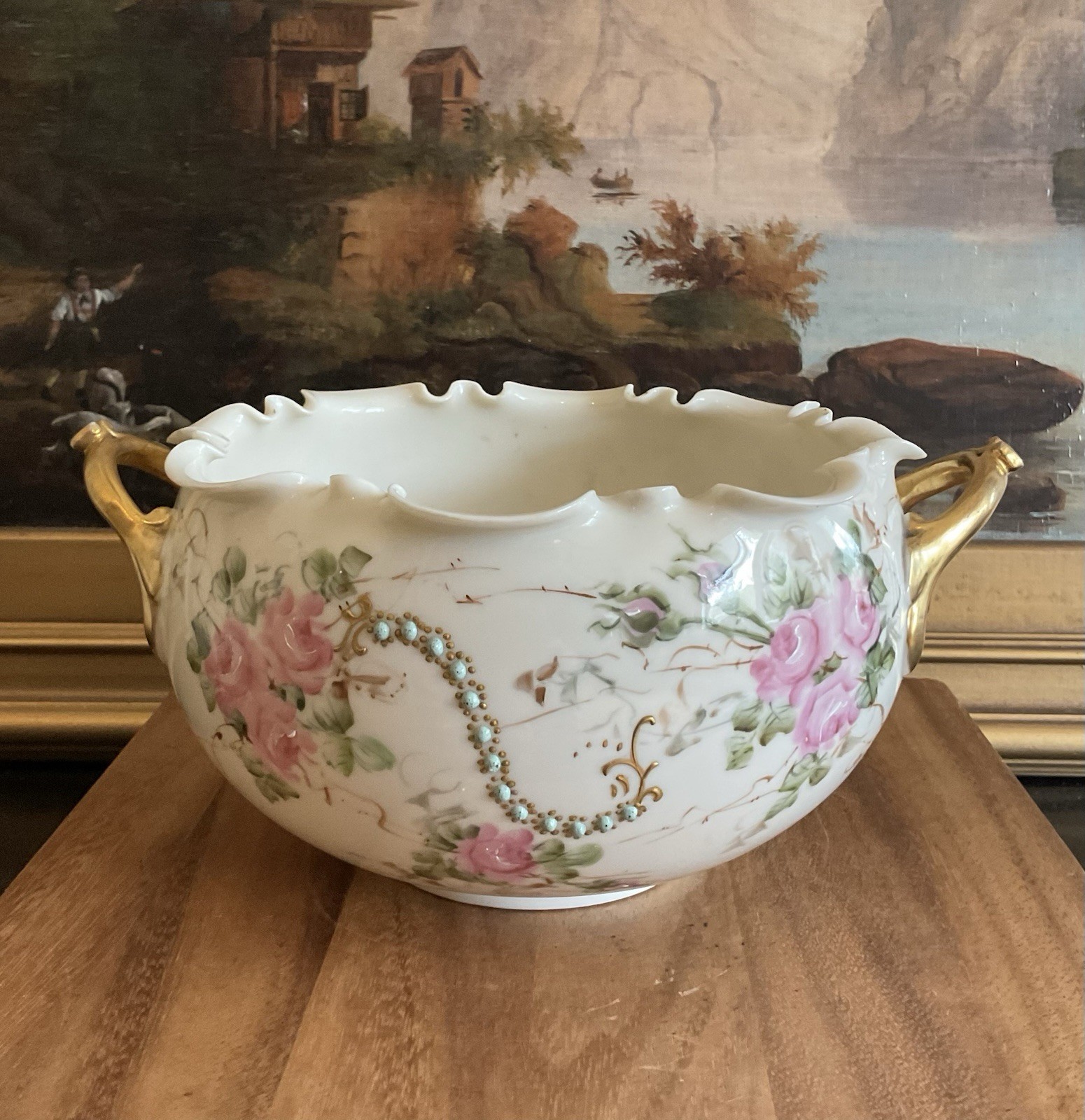 WILLETS BELLEEK Hand Painted Roses HANDLED BOWL Ruffle Rim Antique Late 19th CE