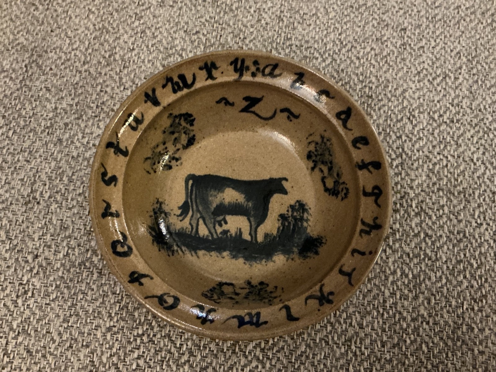 STONEWARE VINTAGE HANDMADE BOWL 1994 COW AND ALPHABET DESIGN-SIGNED
