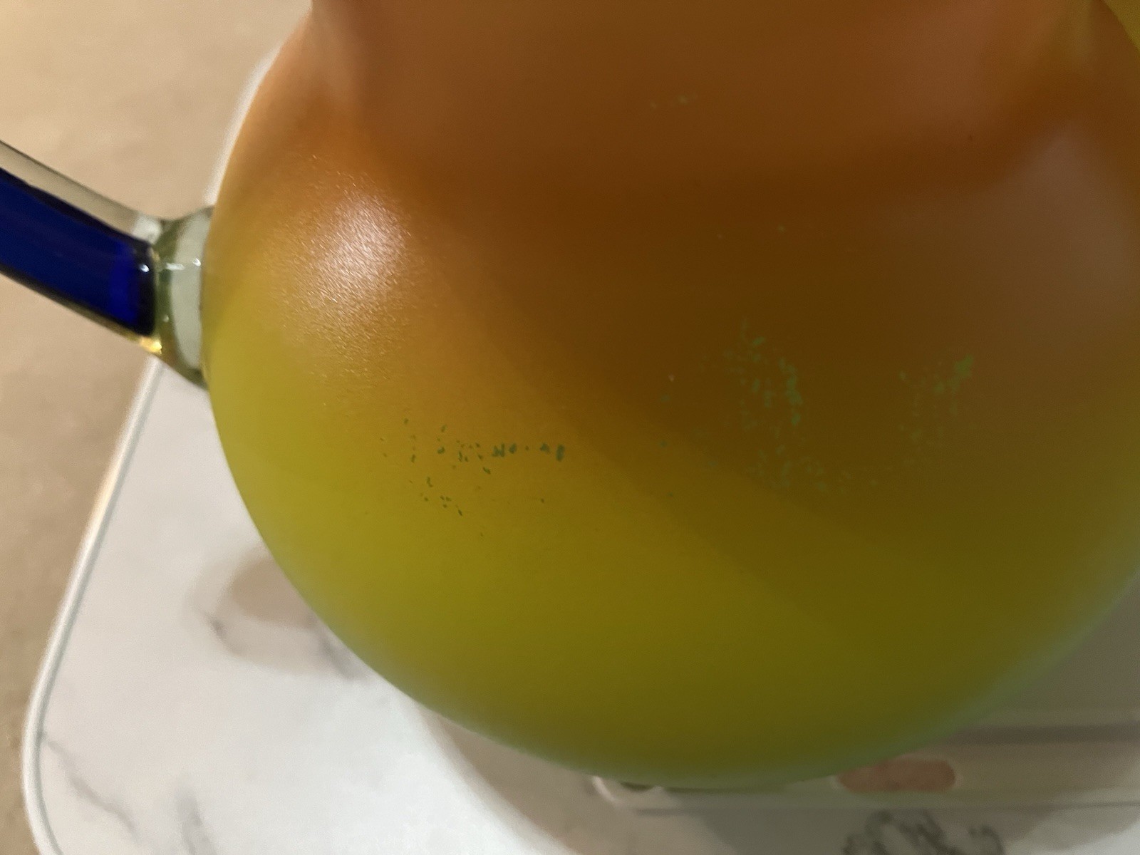 Hand Blown Orange Yellow Green Cobalt Blue trim 6 Tumblers & Pitcher