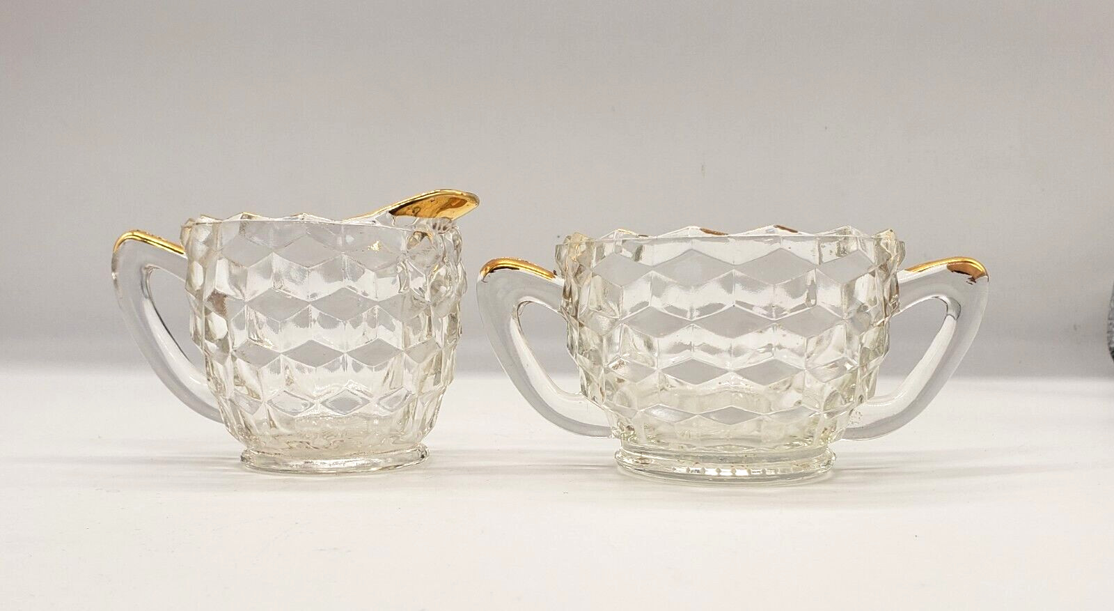 Vintage Depression Clear Glass- Cubist Pattern Sugar Bowl and Creamer gold trim