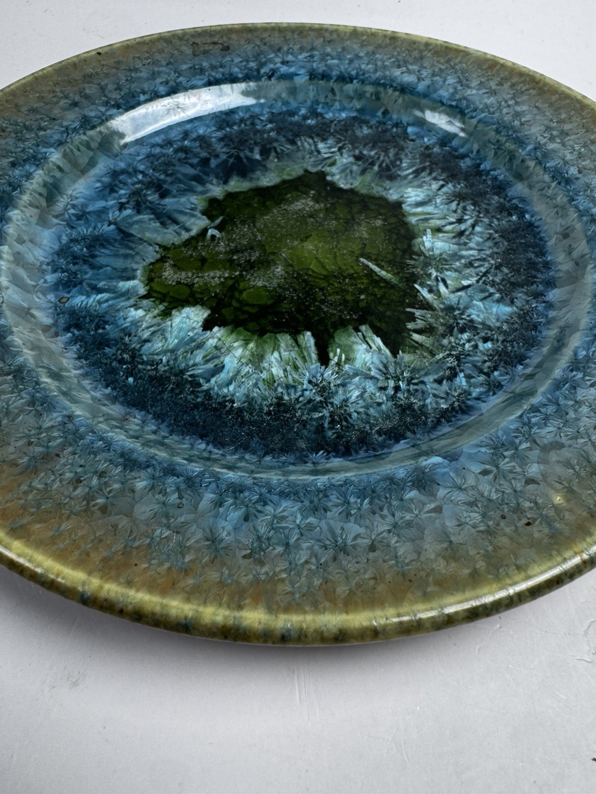 Signed Studio Art Pottery Crystalline Glaze Decorative Bowl Plate Blue Green