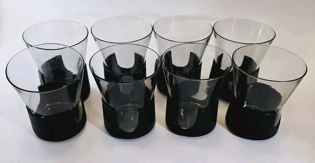 (8)Vtg Corning Glas-Snap Whiskey Black Base Atomic Mcm Mod Barware