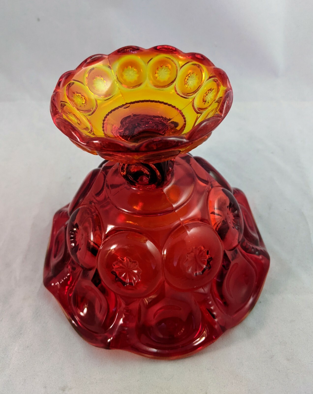 LE Smith Moon and Star Amberina Red Pedestal Glass Compote Candy Dish Vintage