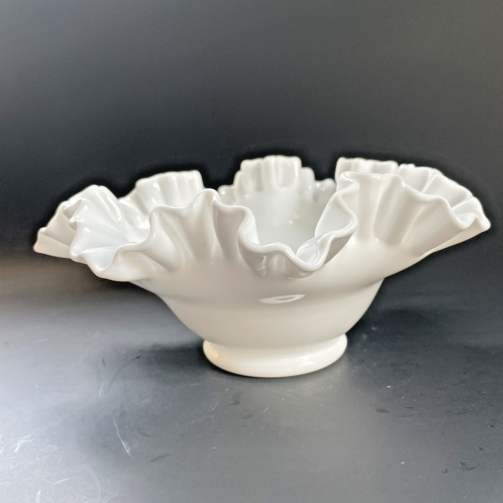 Vintage White Milk Glass Bowl Ruffled & Crimped Edge 9 1/2” x 4 1/2” tall