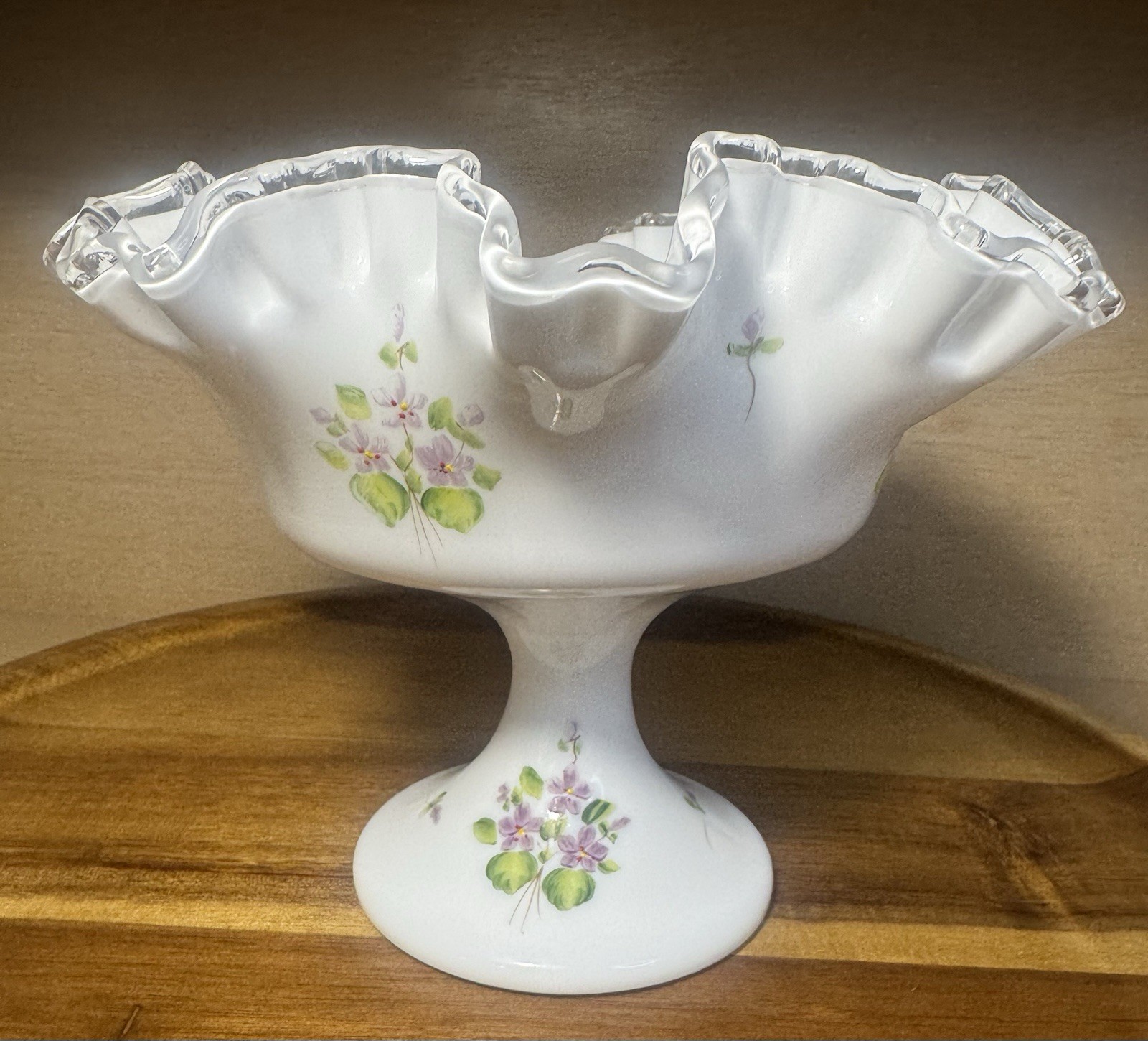 Fenton Violets Snow Milk Glass Ruffled Crest Pedestal Compote Candy Dish 8″ x 6″
