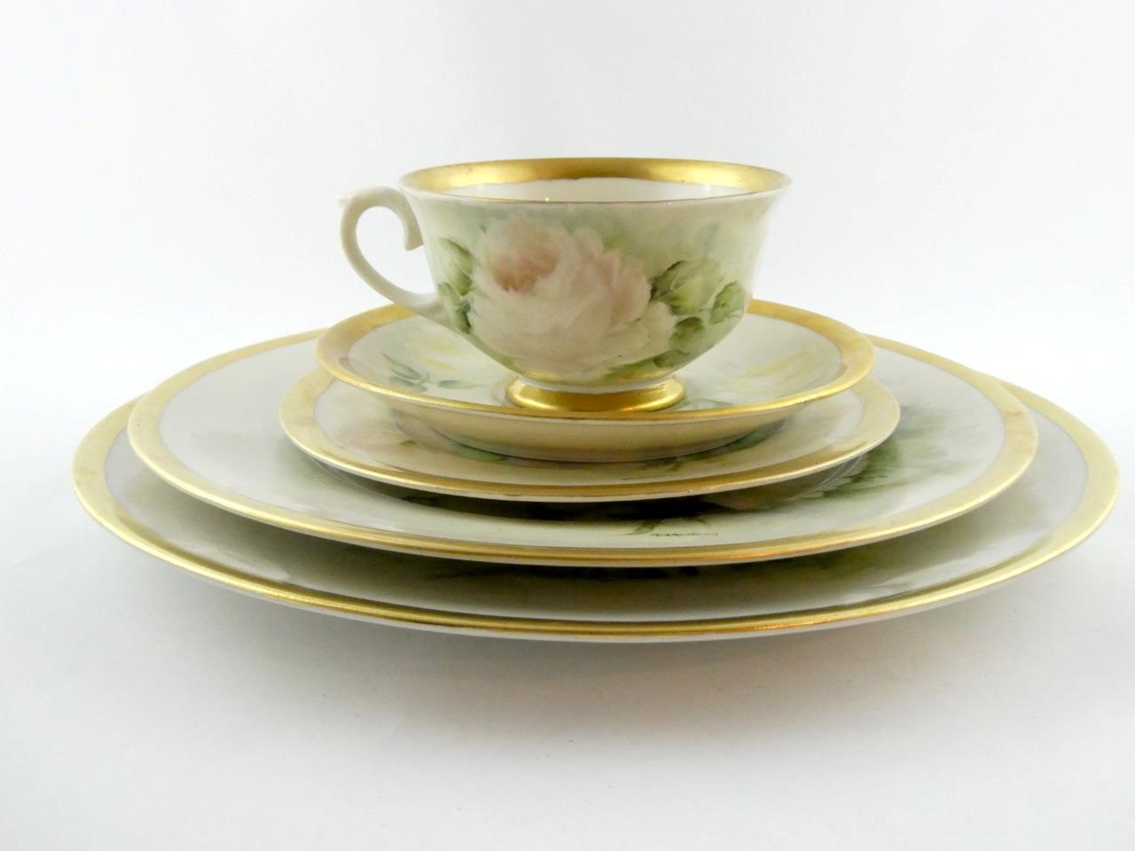 1970s Hand Painted Floral Porcelain 5 Pc Place Setting White Roses Signed VGOOD