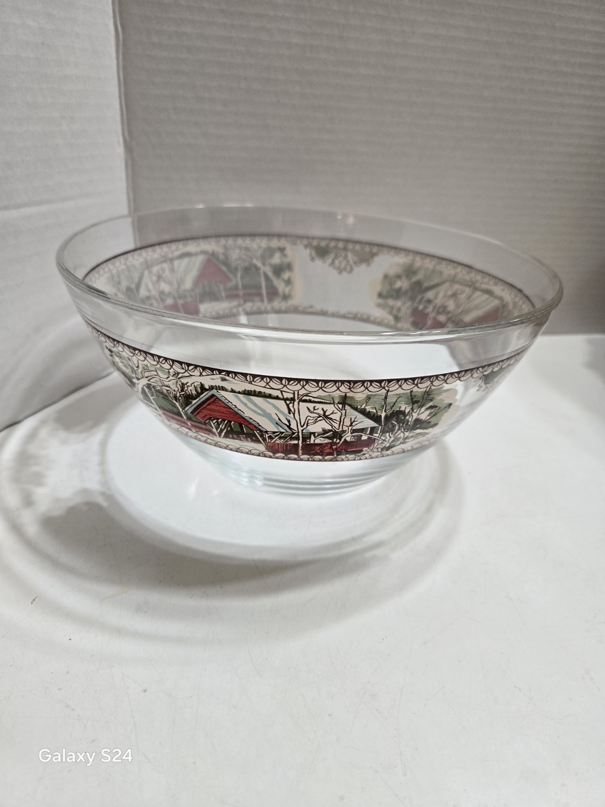 Vintage JOHNSON BROTHERS ” The Friendly Village ” Covered Bridge Scene Glass…