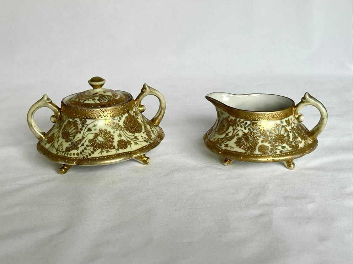 Vintage NIPPON Hand Painted Gold Encrusted Creamer and Sugar Bowl with Lid