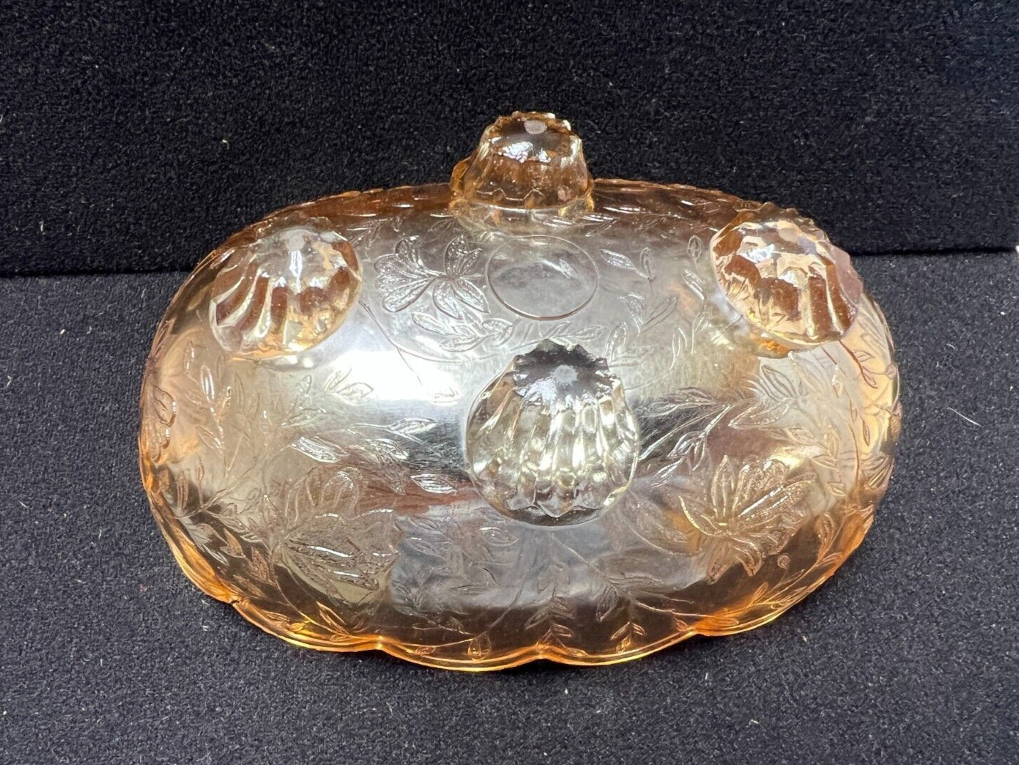 Vtg Jeanette Flora Amber Iridescent Carnival Glass Small Candy Dish bowl 4 feet