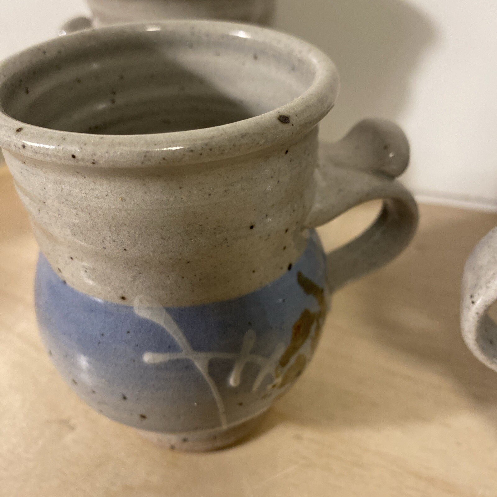 4 Beautiful Handmade Pottery Coffee Cups Signed Blue Brown White Tan E.C.