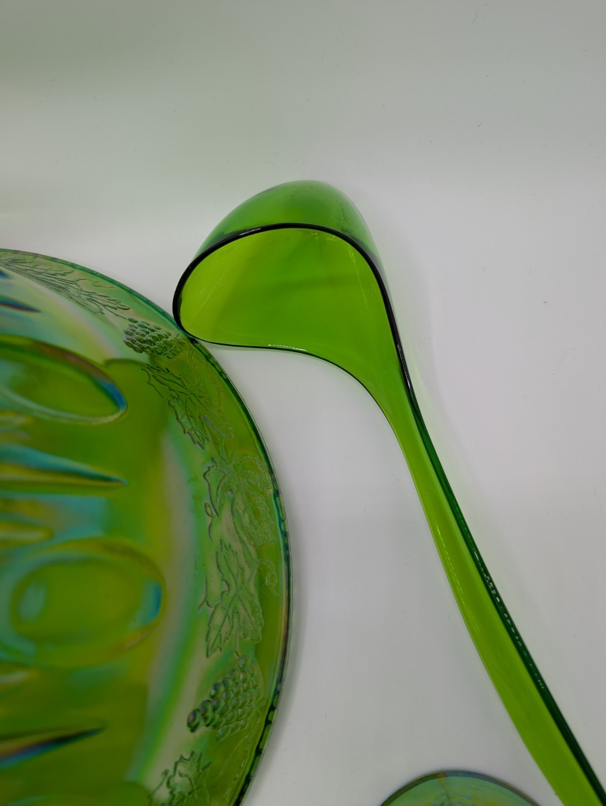 Vintage Indiana Carnival Glass Iridescent Green Punch Bowl Set With 12 Cups