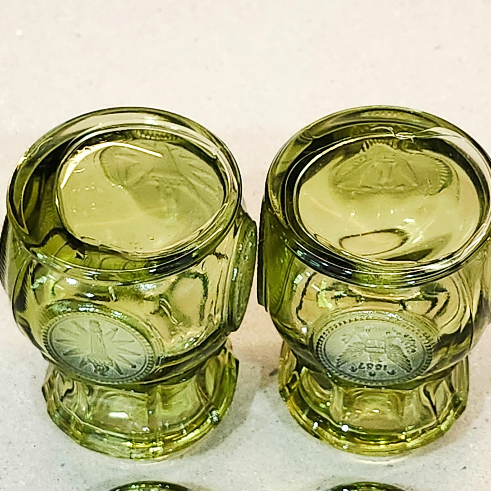 Vintage Fostoria Olive Green Glass Coin 3” Tall Salt & Pepper Shakers
