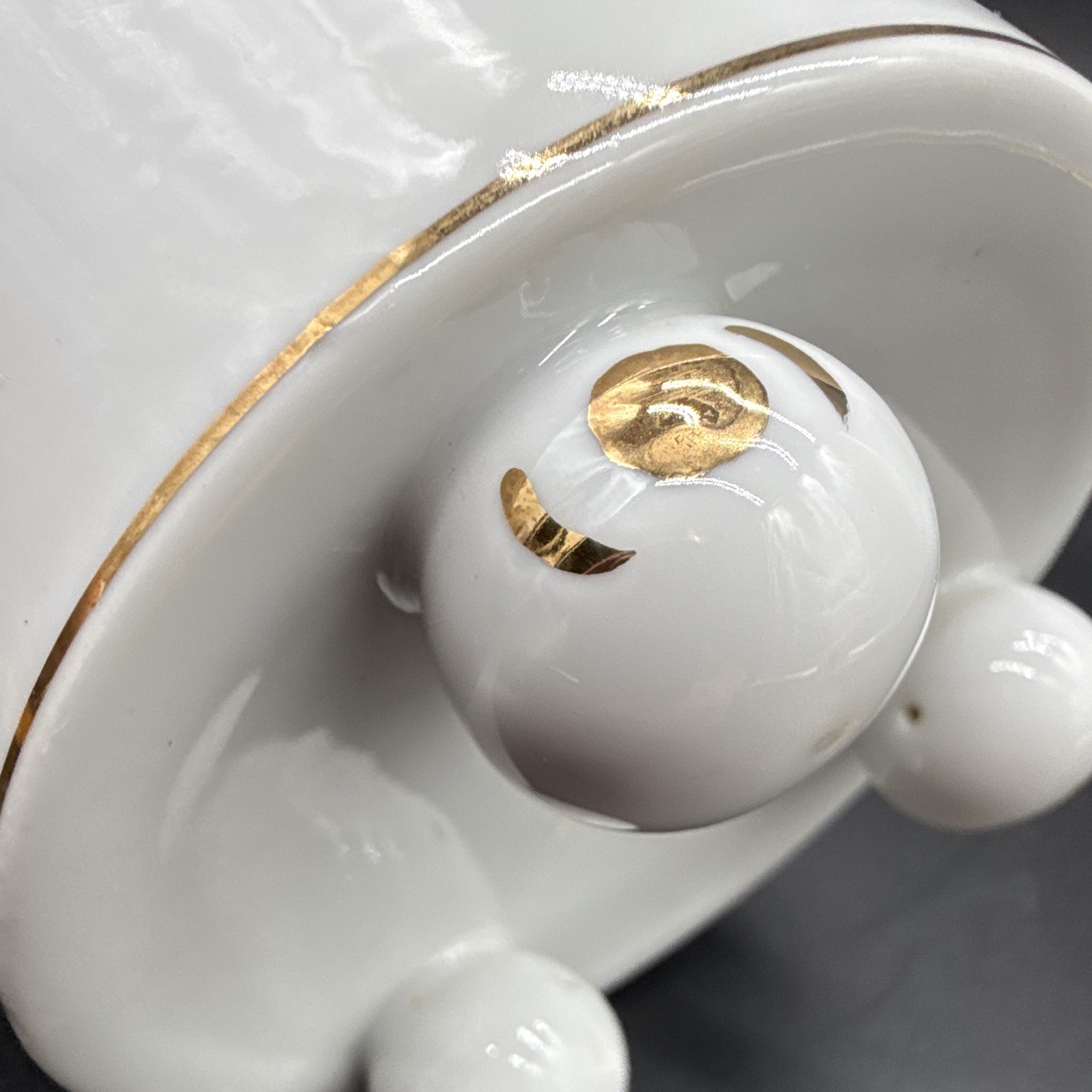 Japan White Ceramic Footed Bowl Gold Ring Handles Courting Couple 5in
