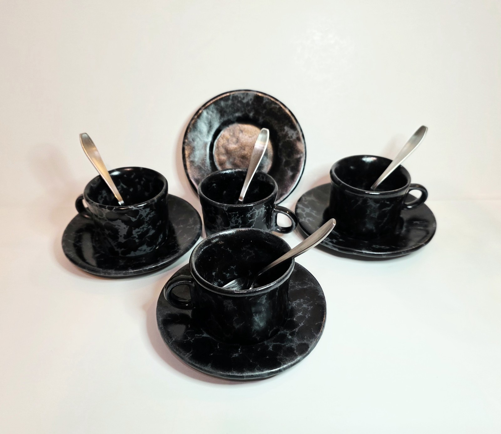 Rare Vintage Bennington Potters Black Agate Espresso Cup Saucer Set #1675 #1676