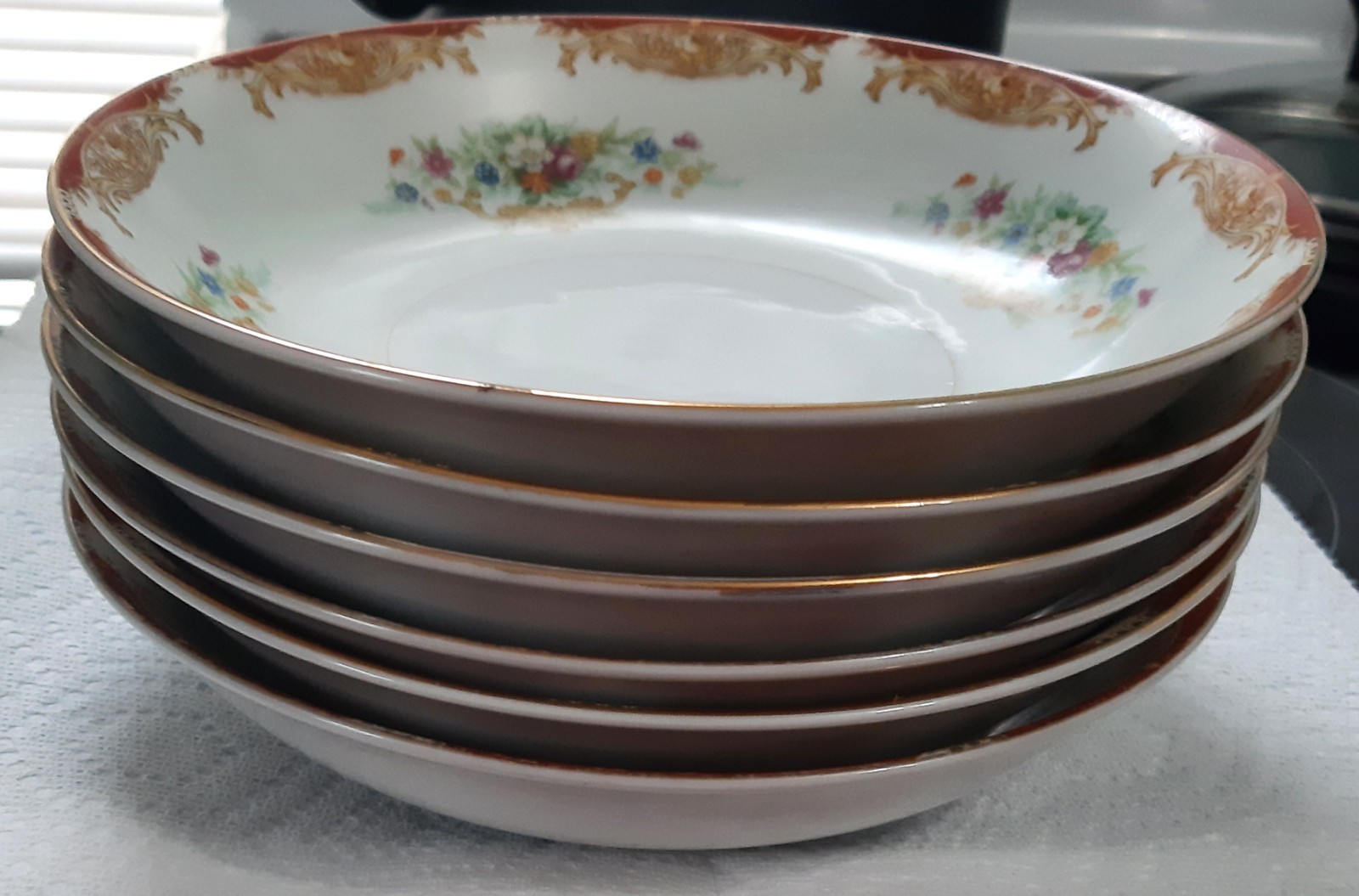 SET OF 6 DIAMOND CHINA MULTI COLOR FLORAL 7 1/4″ BOWLS MADE IN OCCUPIED JAPAN