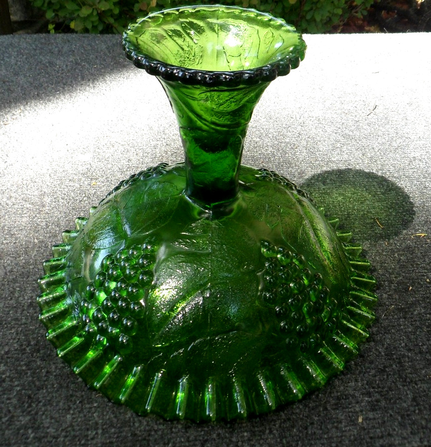 Fruit Bowl Vintage Pressed Glass Grape Compote Dark Green Ruffled Edge 8 Inch