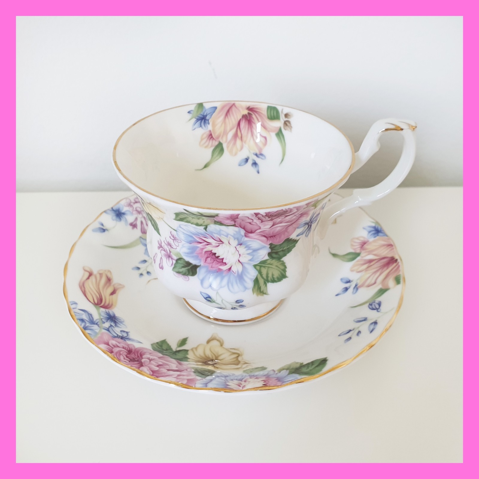 Royal Albert Beatrice Tea Cup and Saucer Set Roses Tulips Lilac 1994 Bone China