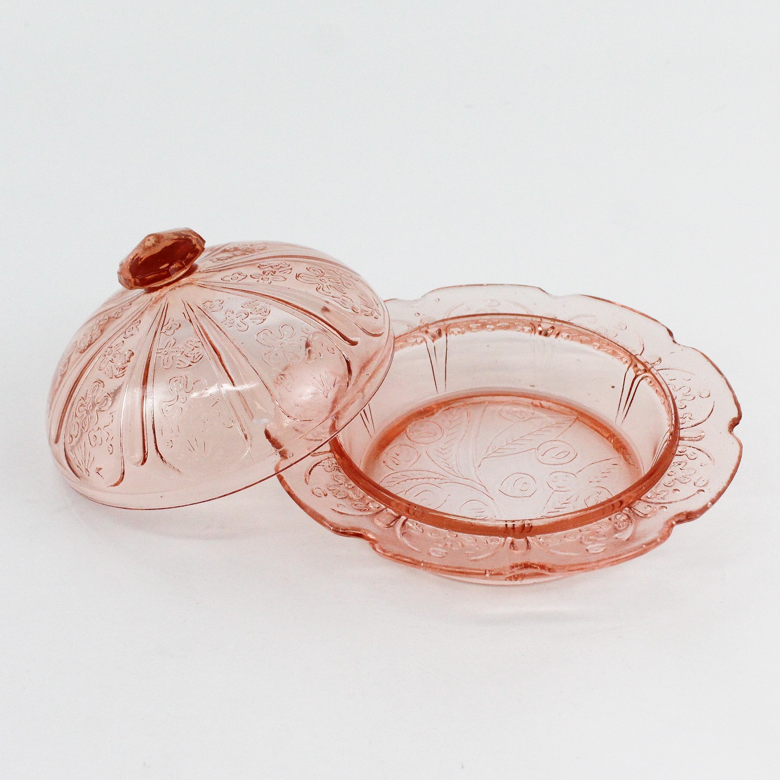 Vintage Jeannette Glass Covered Butter Dish Cherry Blossom Pink