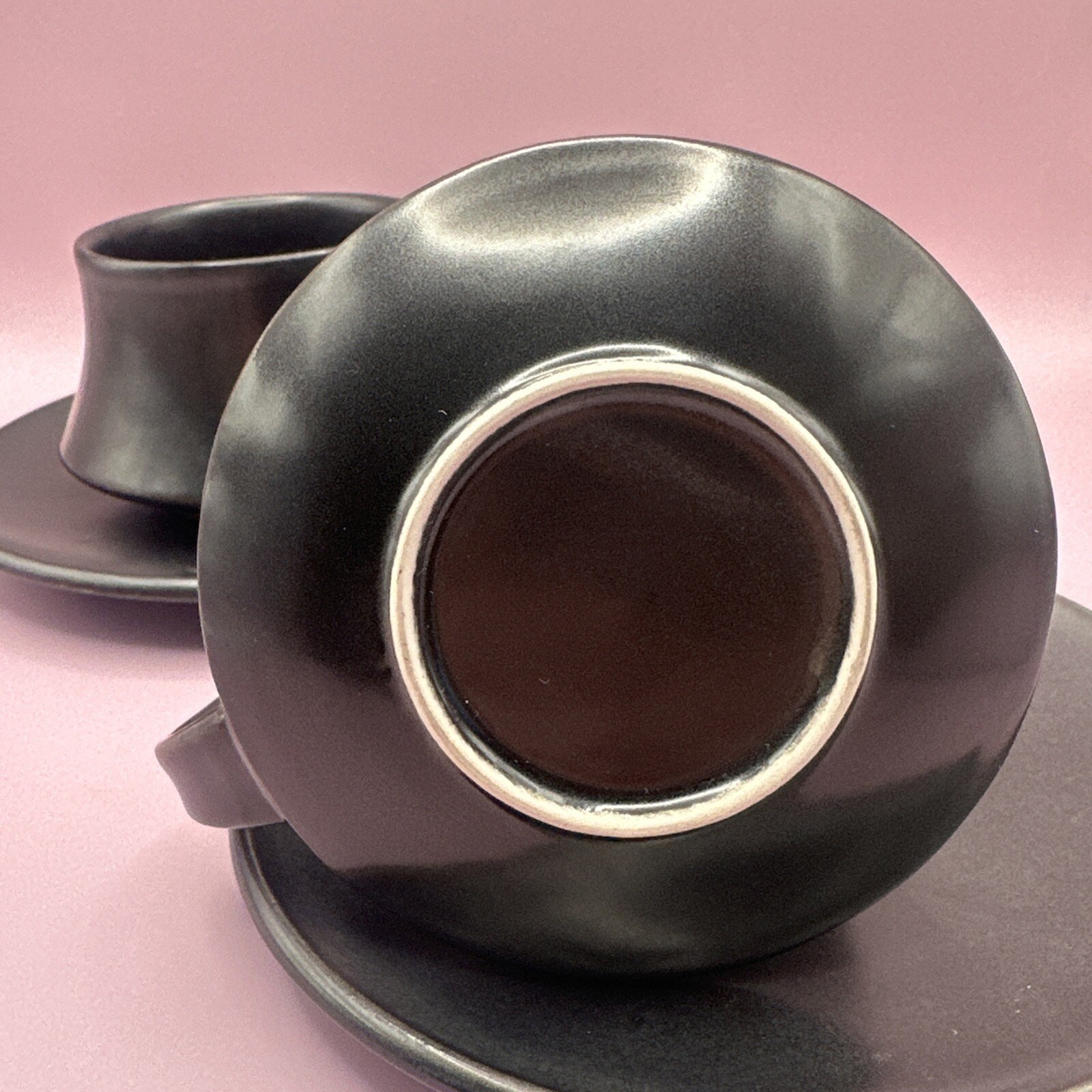 Vintage Shungyo Slate Black Gray Stone Ware Japan 2 Tea Cups & Saucers Set