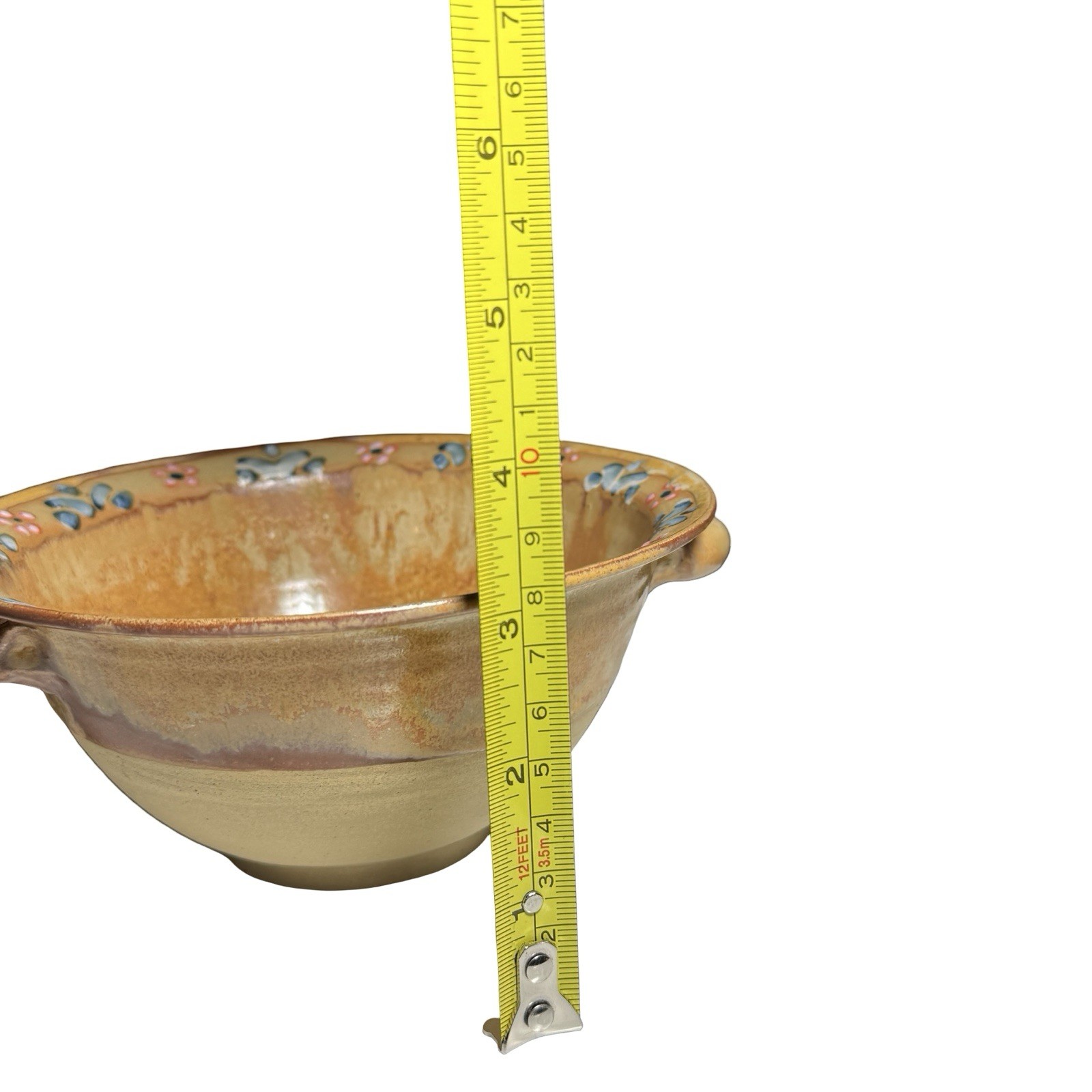 Handmade Earthenware Bowl Art Pottery Ceramic 6 1/2″ USA Handles Thin Floral