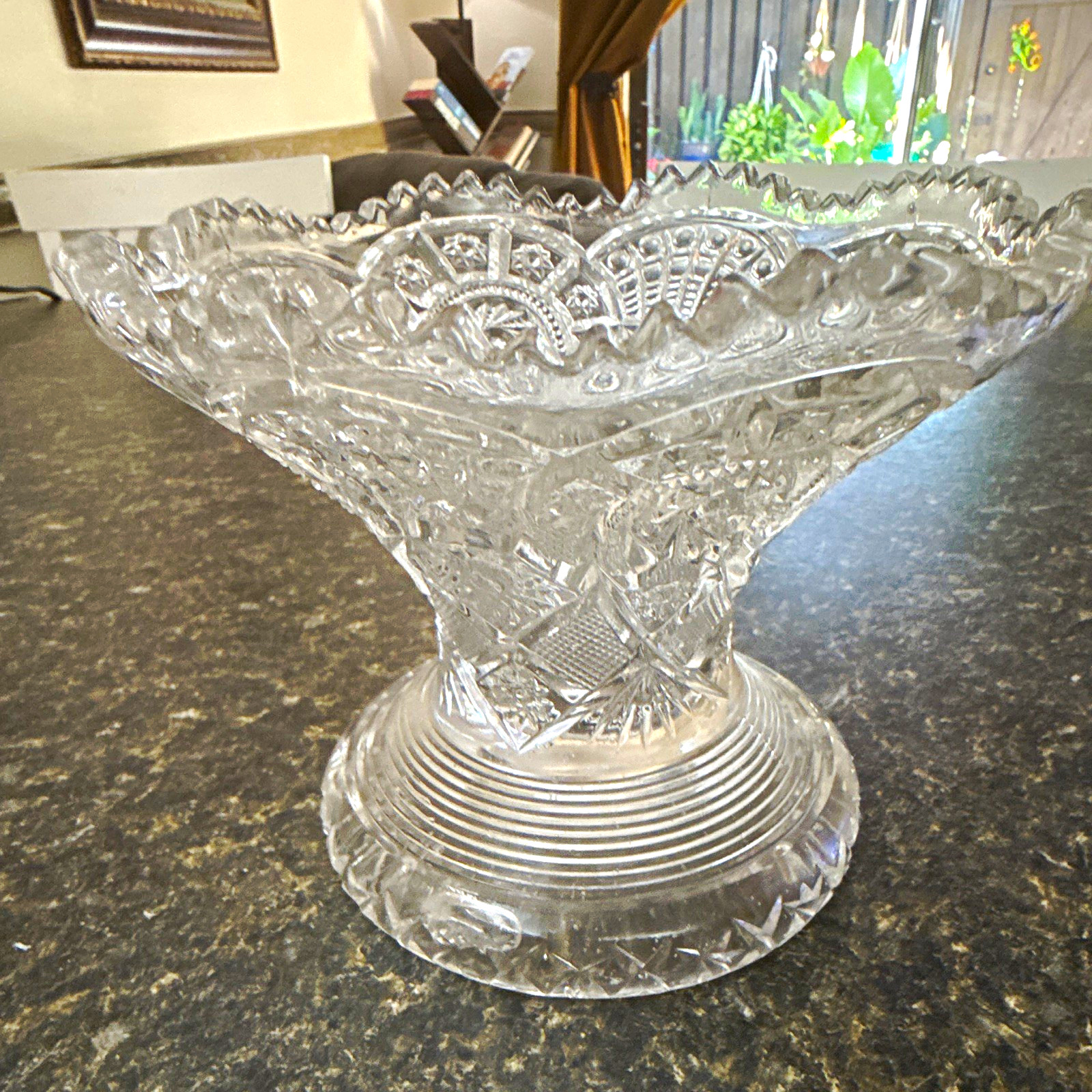 Clear Pressed Glass Scalloped Rim Round Pedestal Footed Bowl