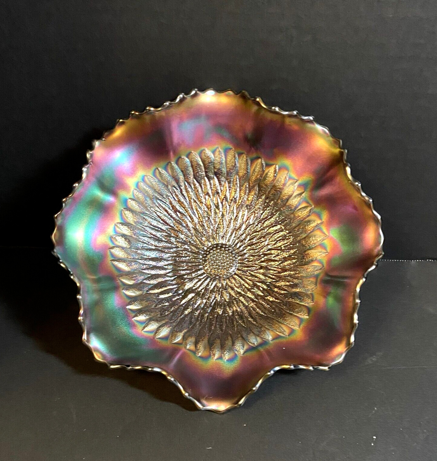 NorthWood Amethyst Carnival Glass Sunflower Ftd Ruffled Bowl