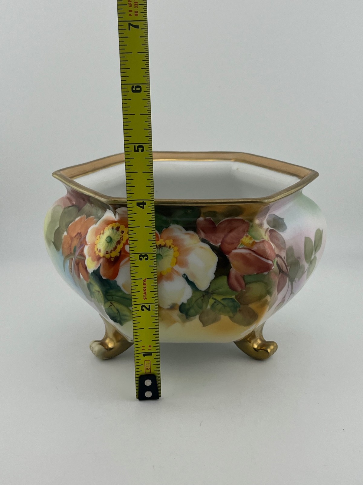 Antique Nippon Hand Painted Footed Bowl Floral Gold Trim Hexagon Pre-1921