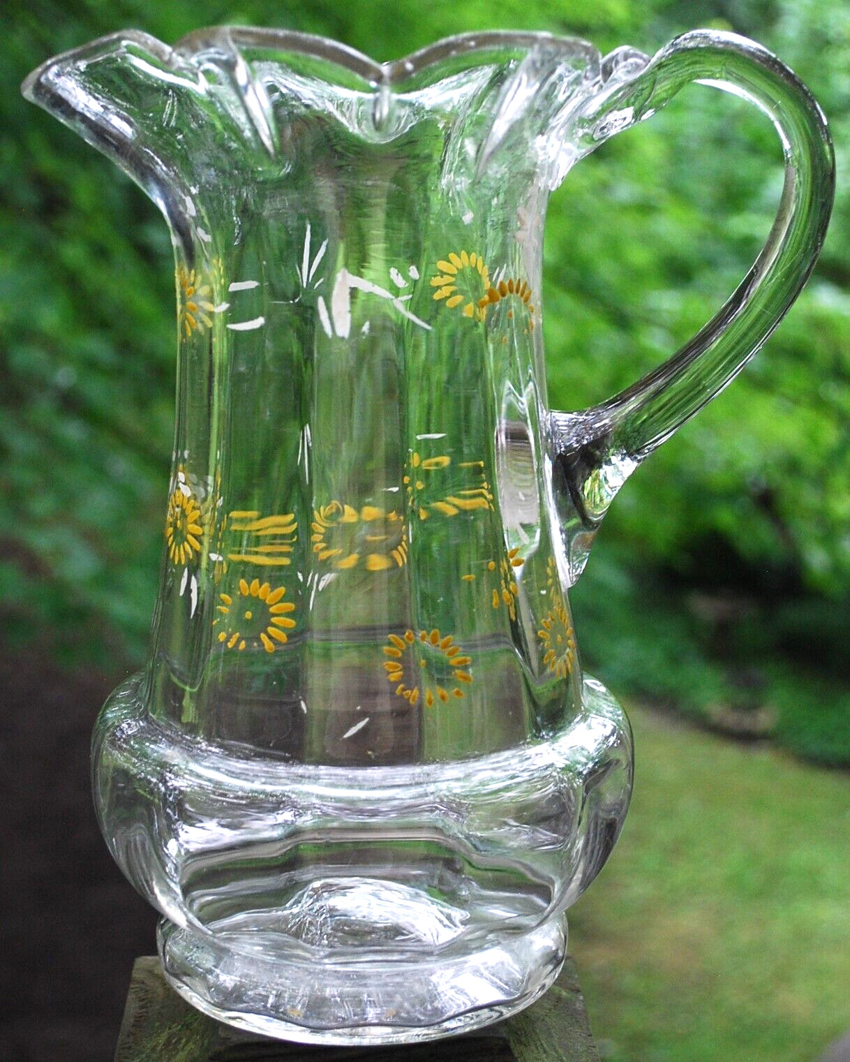 Antique Victorian PITCHER Clear Optic Glass FLORAL ENAMELED DAISIES Petal Rim