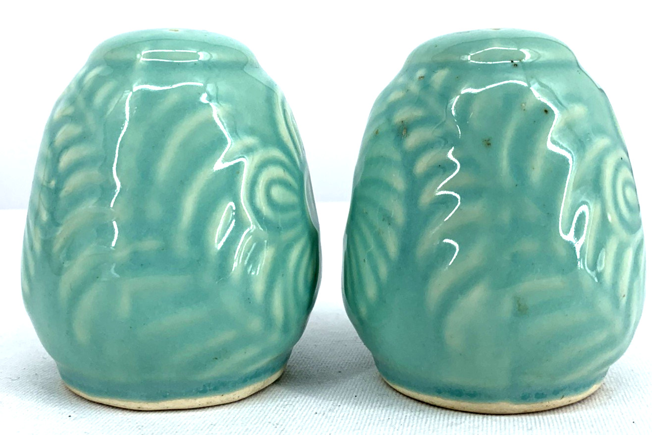 Shawnee Pottery Salt Pepper Shakers Aqua Blue Turquoise Flower Fern 3” Embossed