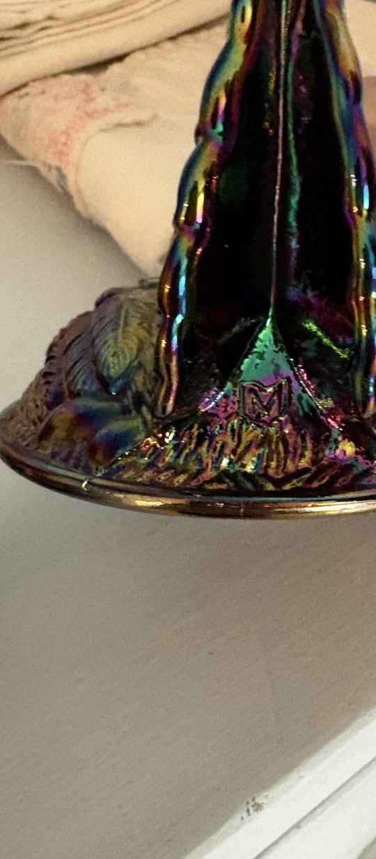 Mosser Black Amethyst Carnival Glass Hen on Nest| Mosser Logo In Between Tail.