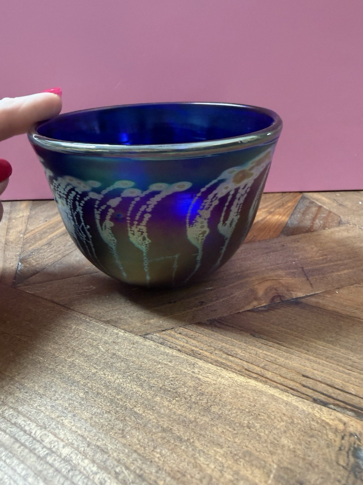 Coleman 1994 Signed Hand Blown Iridescent Blue Art Glass Bowl 5″ Round 3″ High