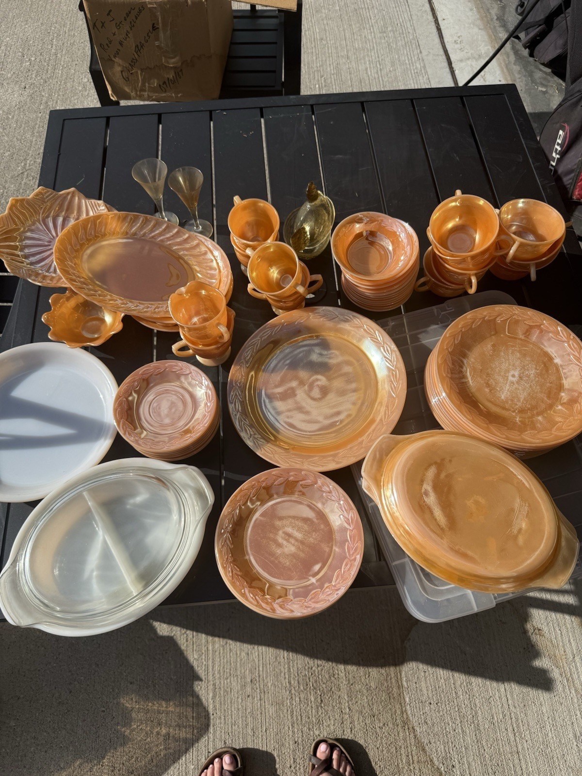 Marigold Carnival Glass Leaf Dinner Set Iridescent Cups Saucers Plates Bowls