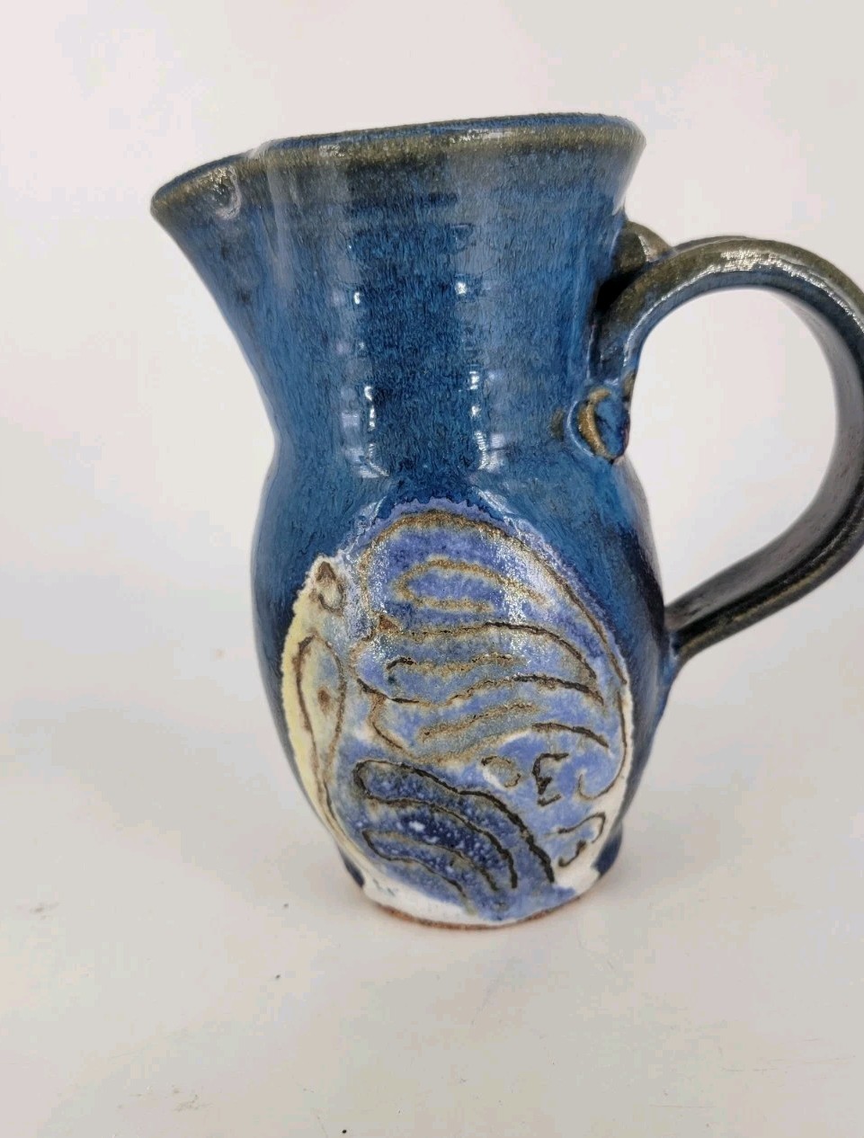 Studio Art Pottery Signed Foster Hand Thrown Jug Blue Purple Sgraffito Glazed