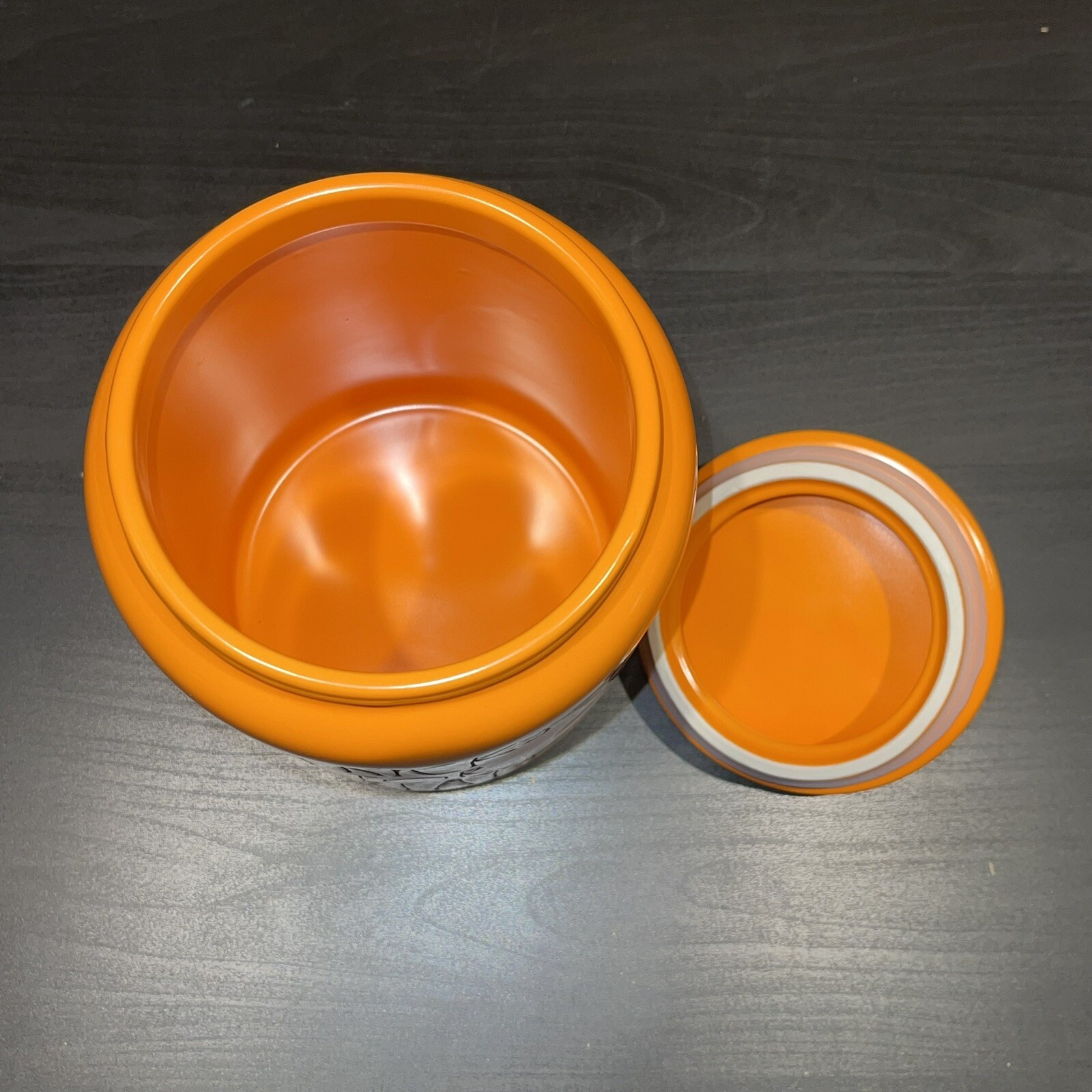 Rae Dunn Halloween TRICKS FOR TREAT 10″ Tall Orange Dog Treat Fall Canister NEW