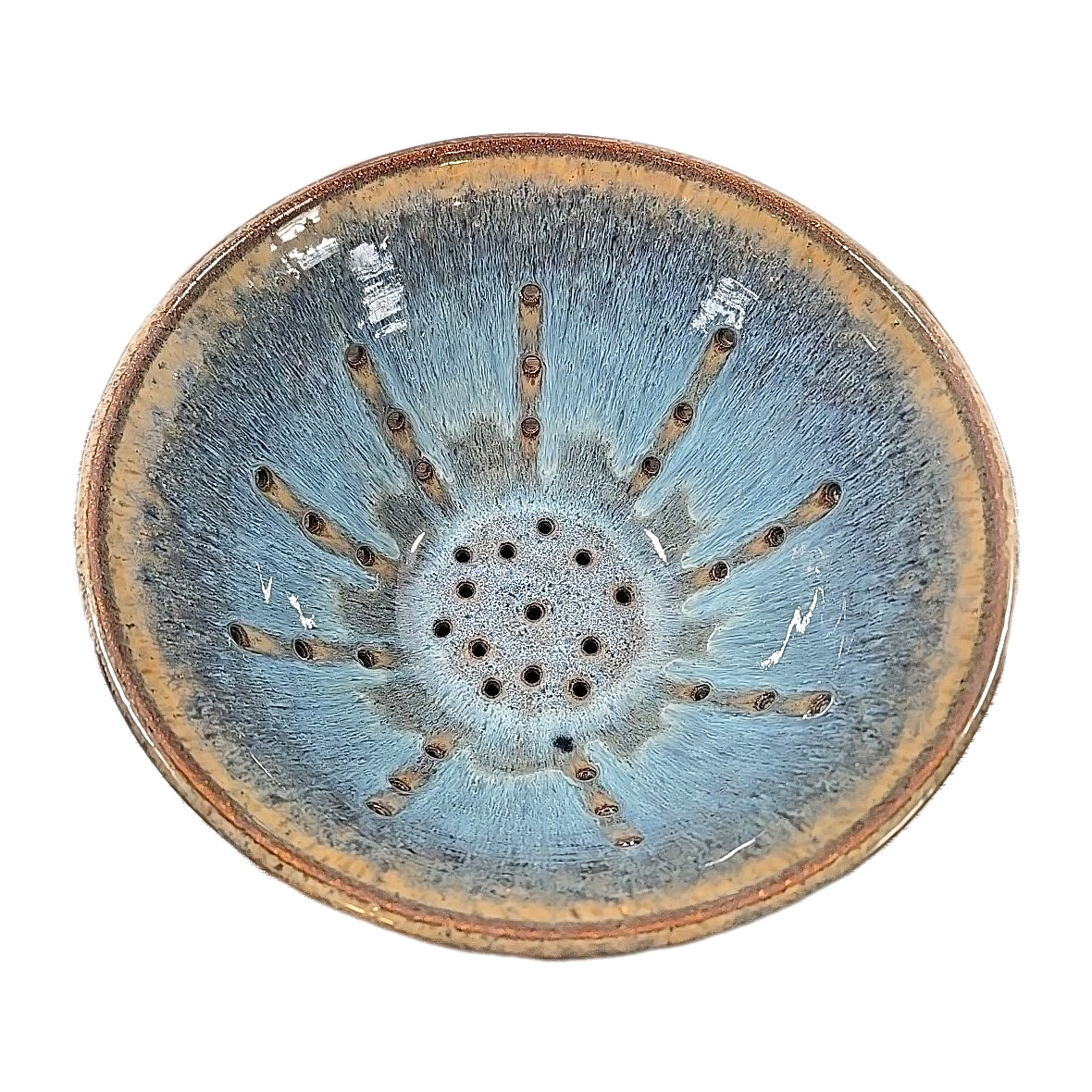 Glazed Pottery Vegetable Strainer Bowl Blue Beige Colander Heavy Kitchenware