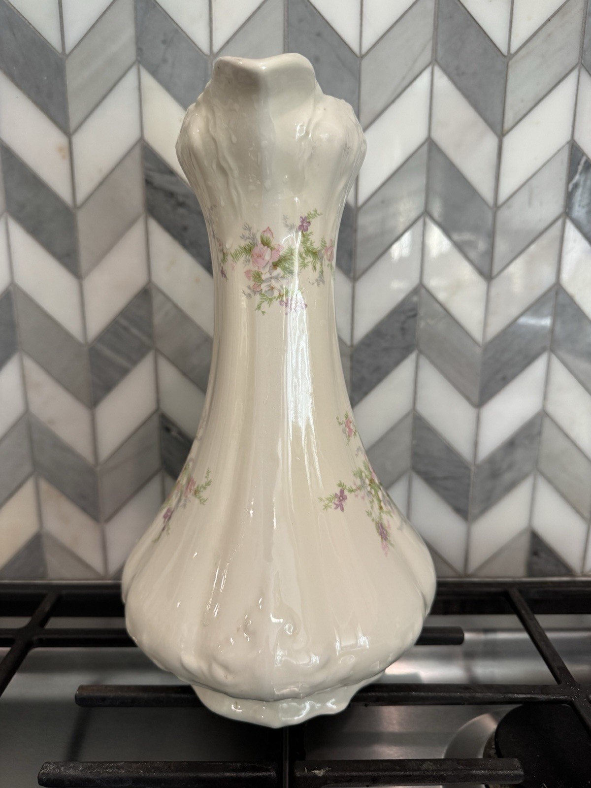Vintage Ceramic Pitcher White Pink Green Glossy Ceramic Floral Pitcher w/ Handle