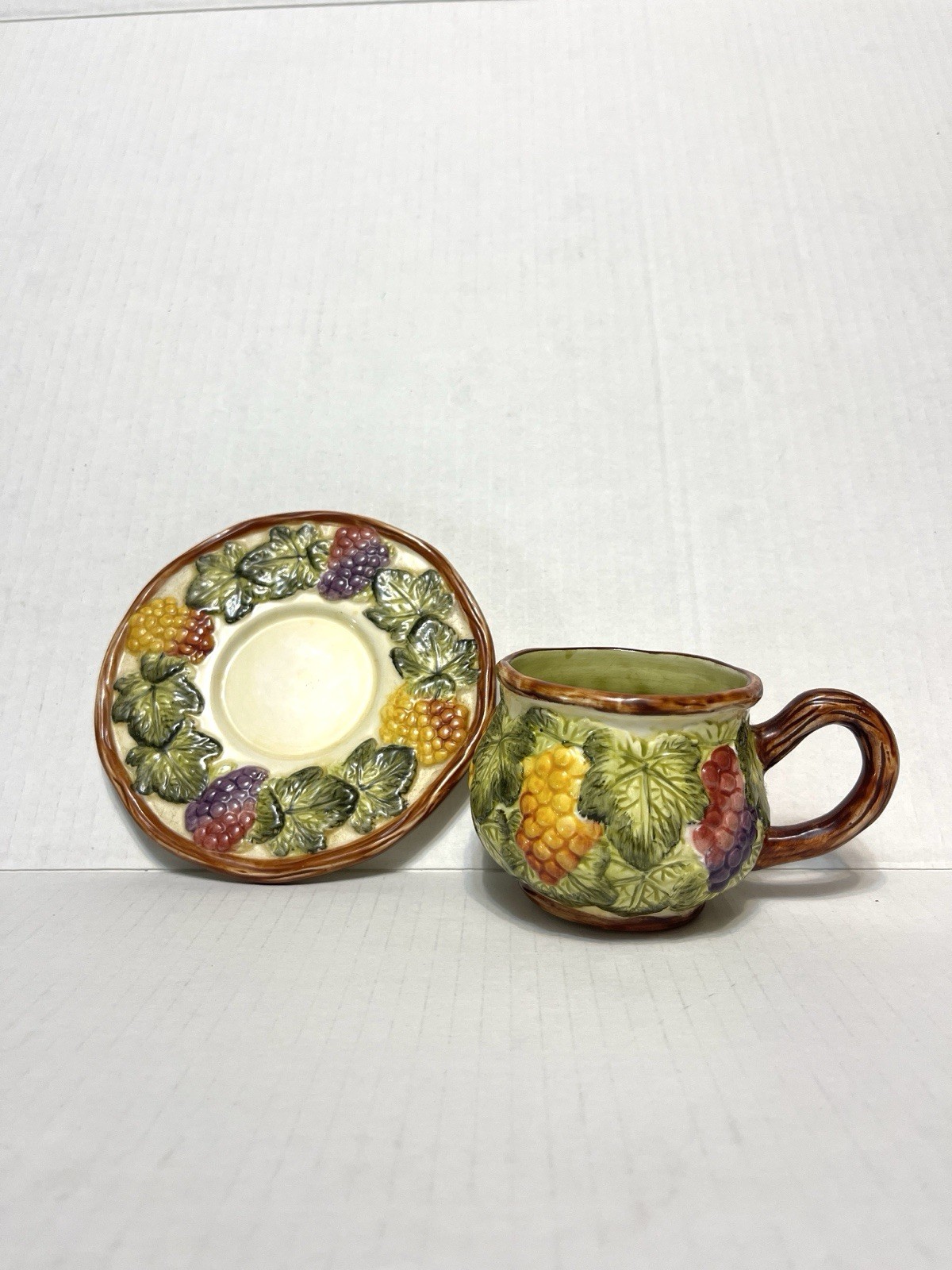 Tea Cup And Saucer Fruit Design Cottagecore Majolica Style Grape leaves Harvest