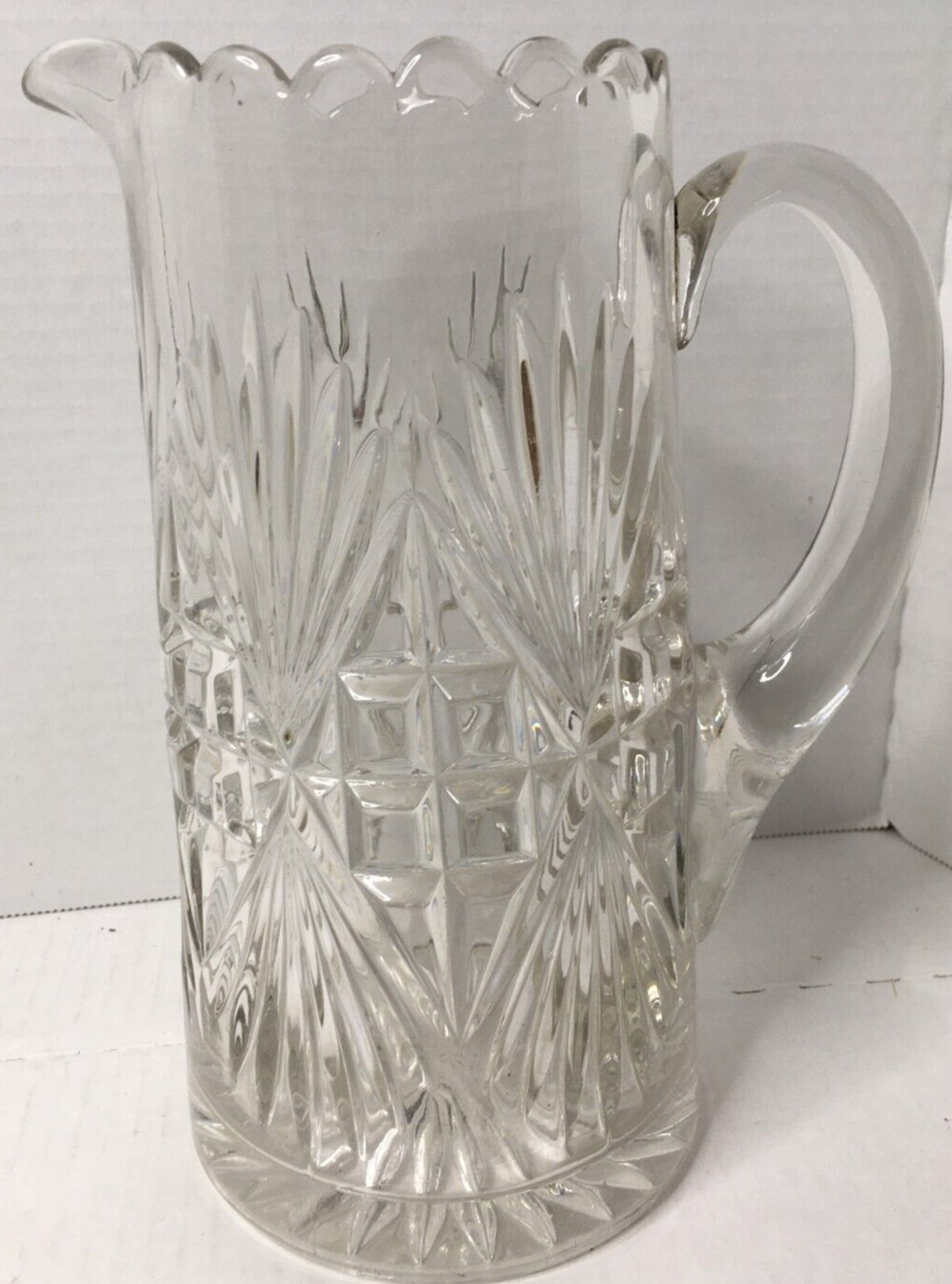 Retro Pressed Lead Glass Water Pitcher Clear Mid Century Modern Vintage 9″