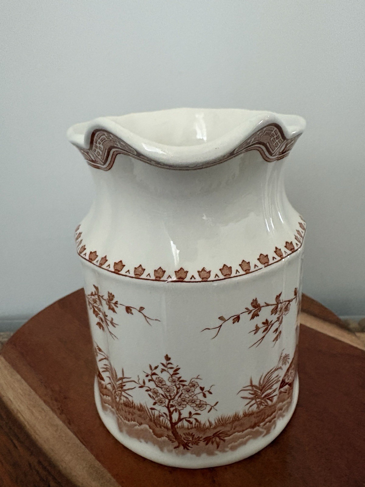 White & Brown Ceramic Floral Transferware Pitcher, Glossy Decorative Finish