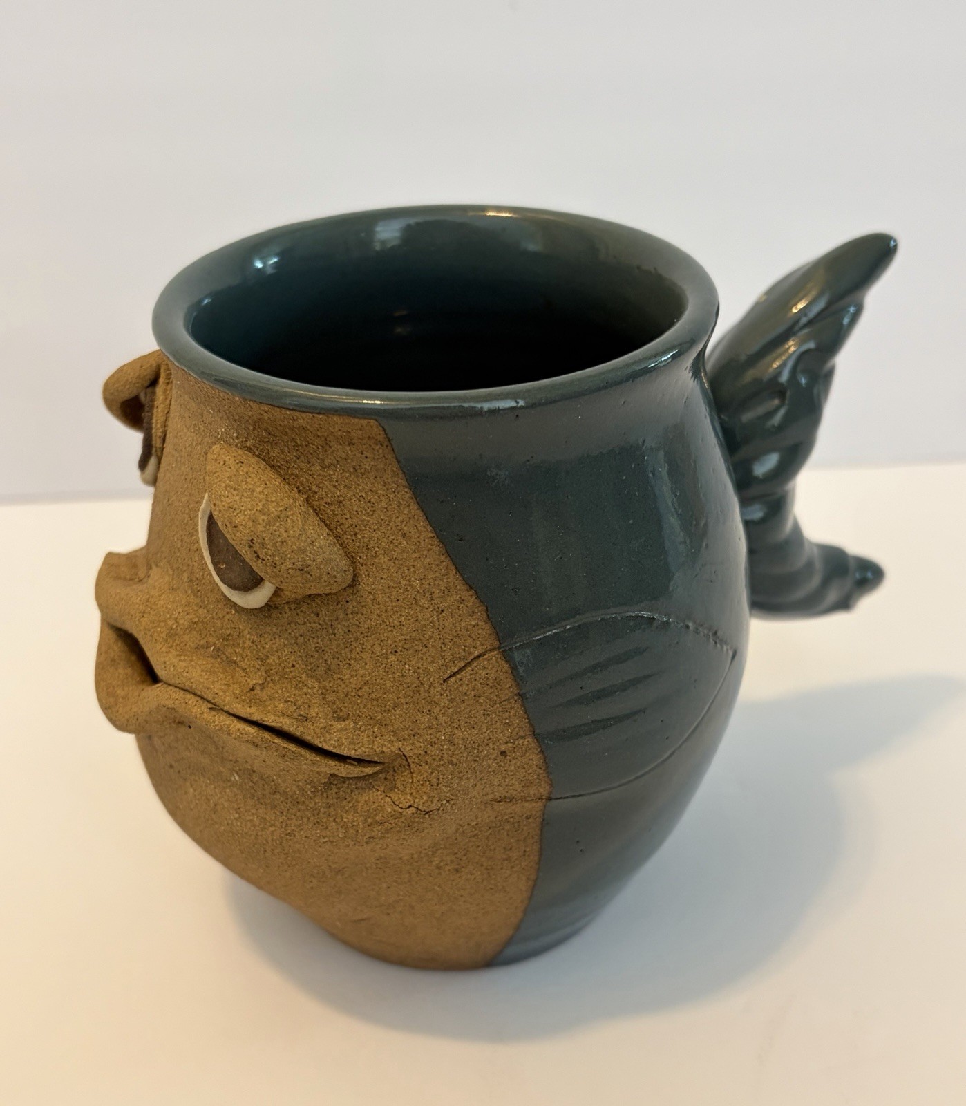 Vintage Handmade Pottery Funny Fish Mug Green