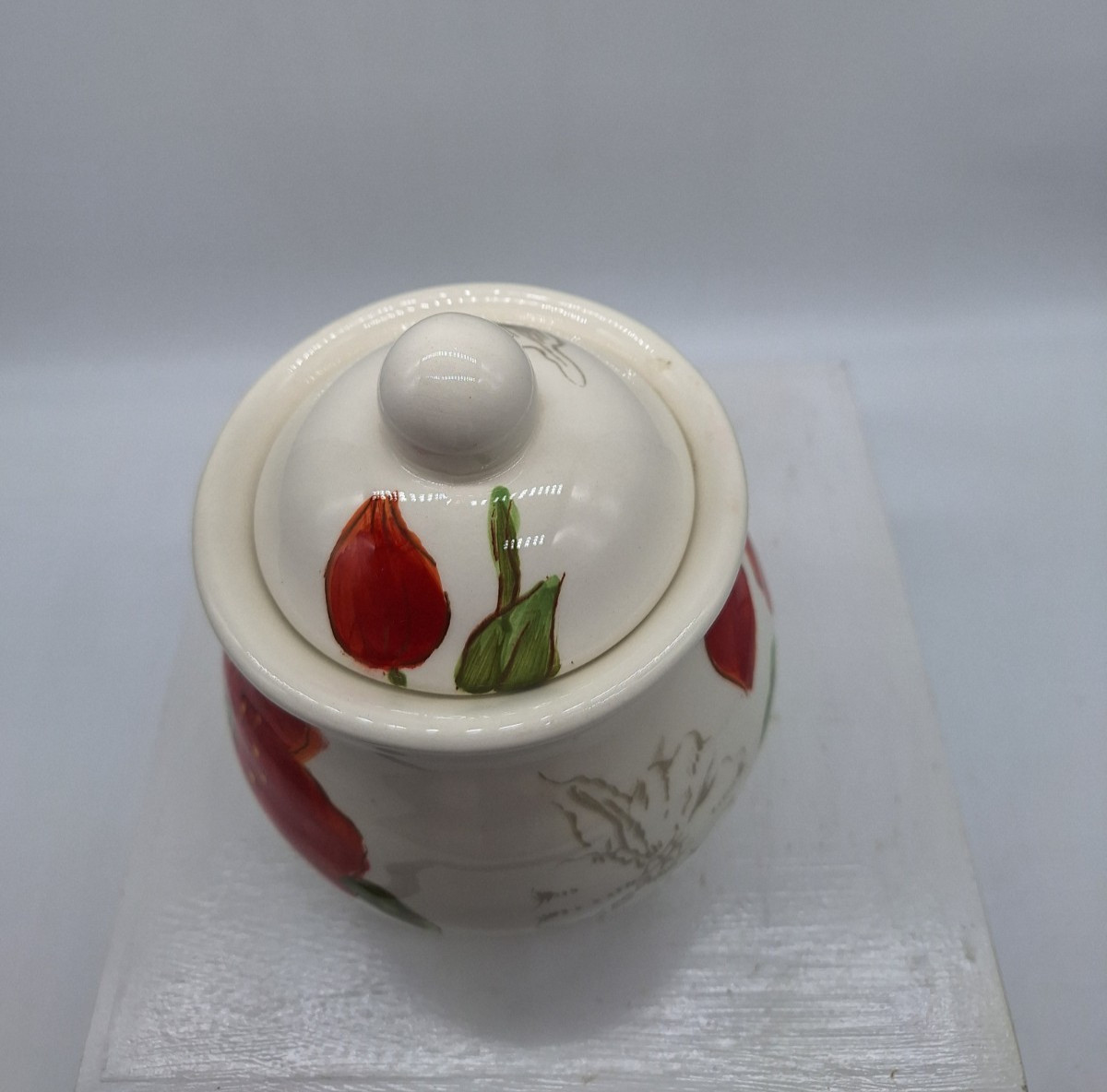Maxcera Red Poppy Sugar Bowl with Lid Pottery Retired 5 1/2 inches