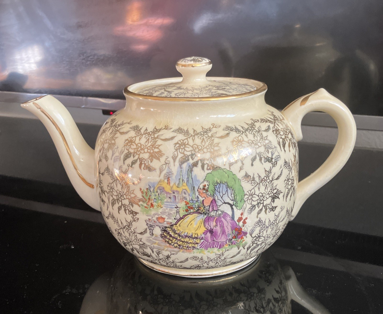 VTG. SADLER ENGLAND Porcelain Teapot Victorian Lady Floral Gold Gilt Trim