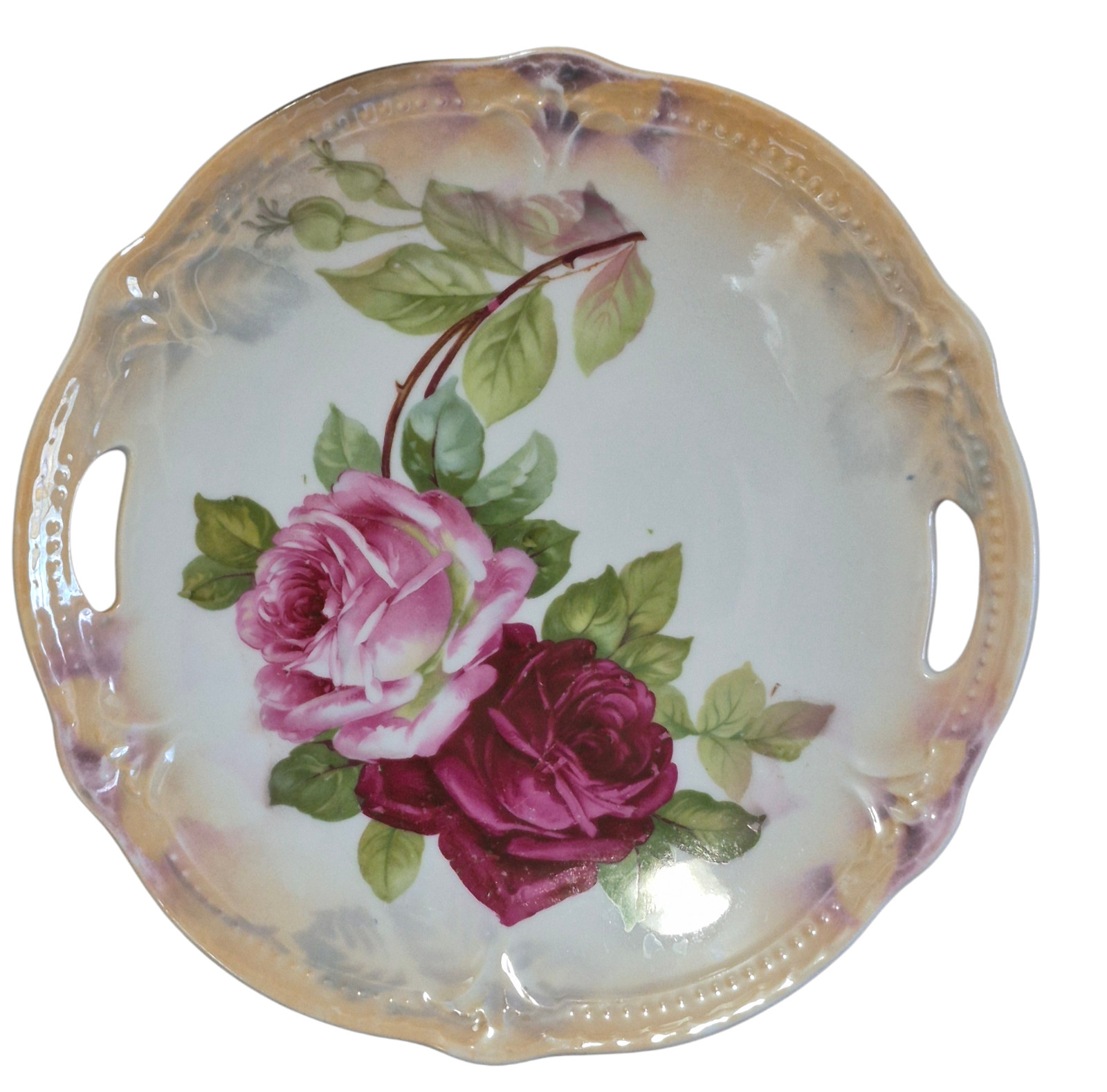 Vintage Romantic Roses Luster Edge Pierced Handles Serving Platter From Germany