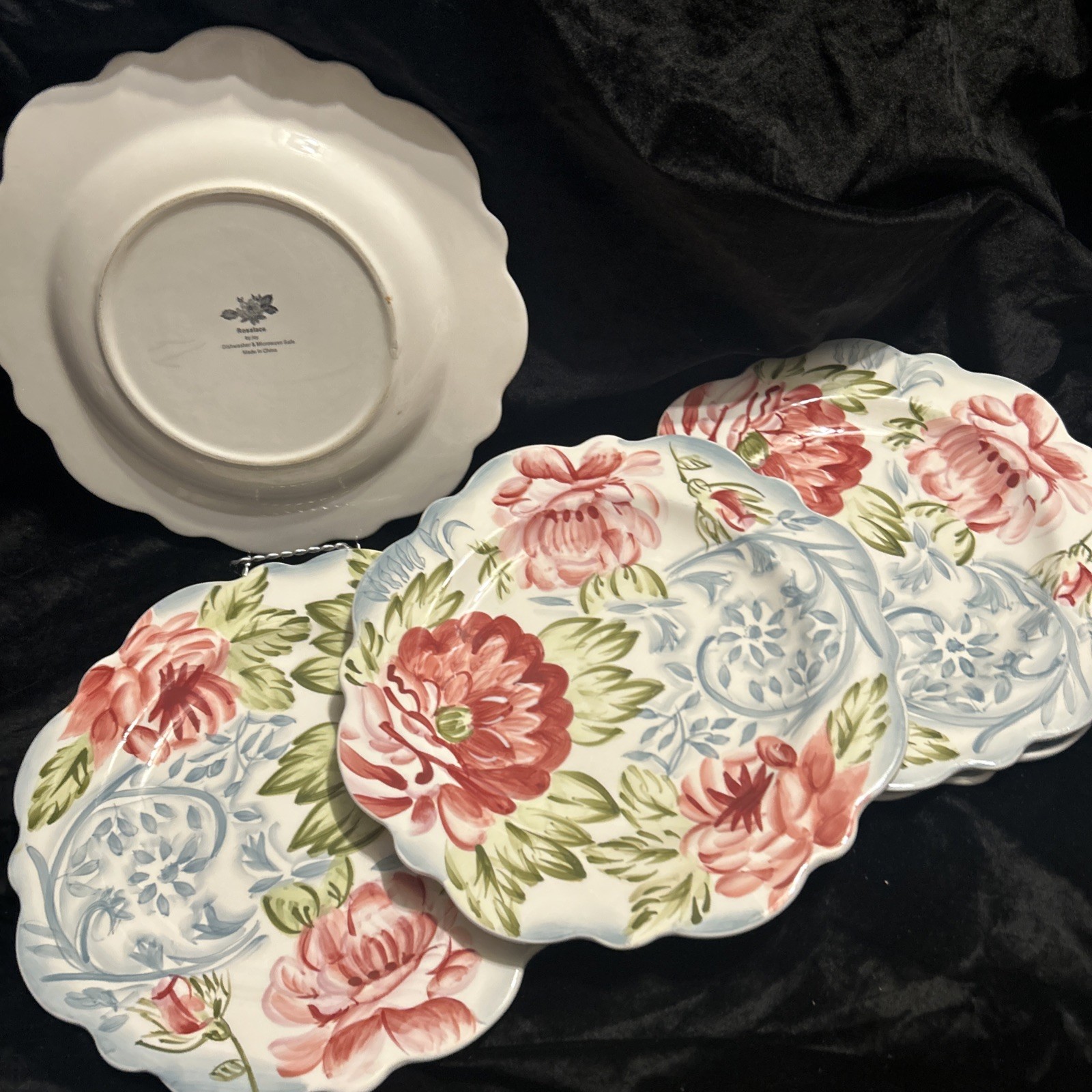 Set Of 5 Rosalace By Jay 11″ Dinner Plates Scalloped Pink Blue Flower Motif #1