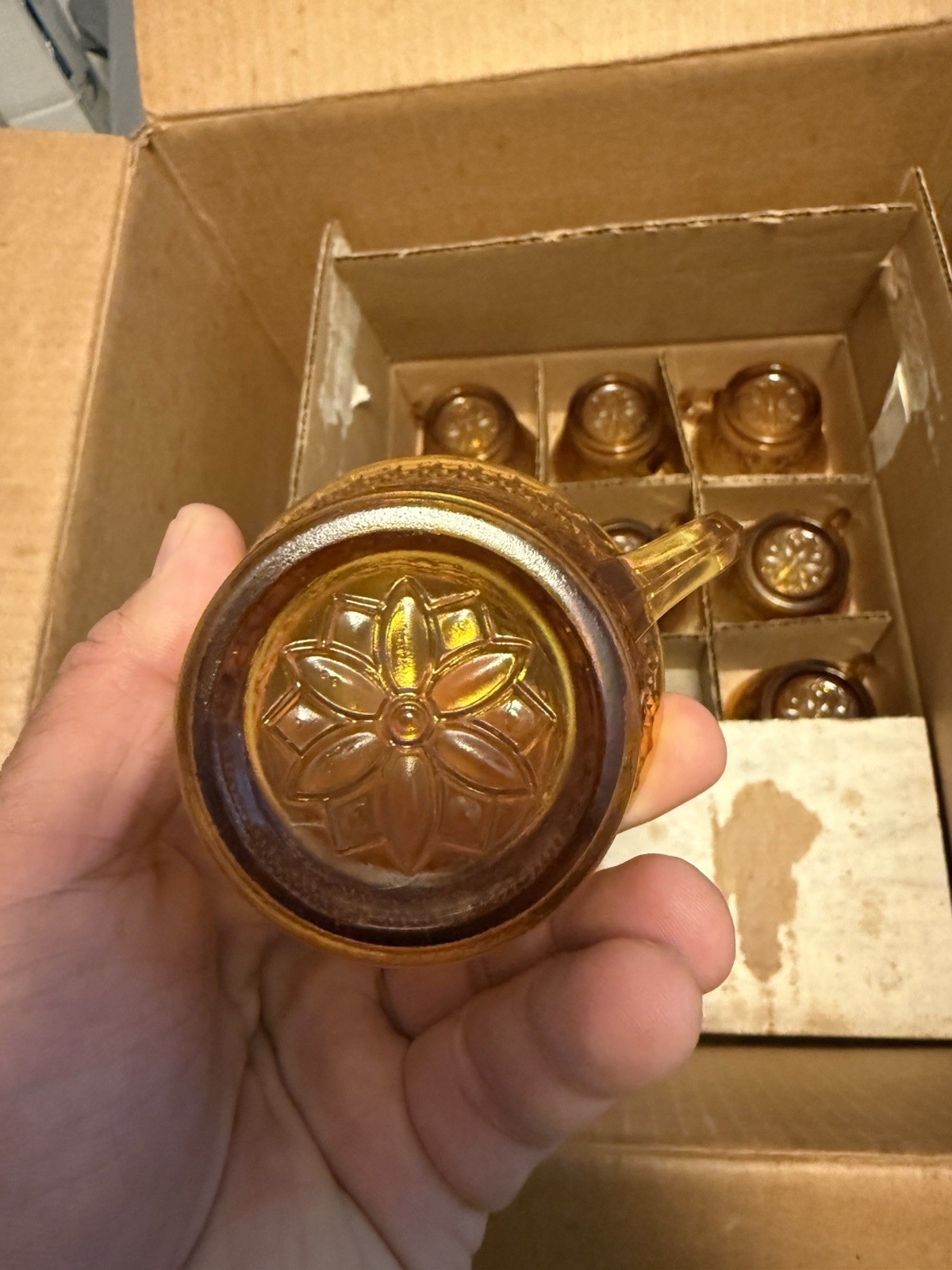 Tiara Indiana Glass Amber Flower Pattern Punch Bowl 12 Cups Party Set